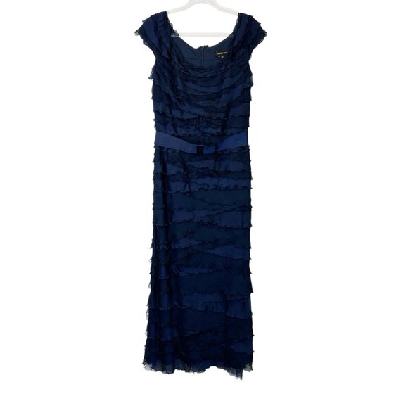 Tadashi Shoji Navy Pleated Evening Gown Womens Size 12 Maxi Dress
